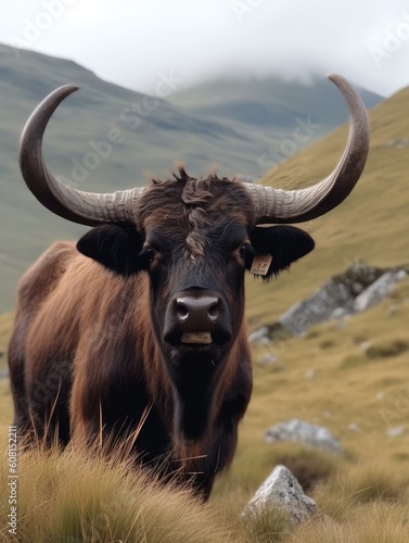 A bull with big horns stands on a mountain