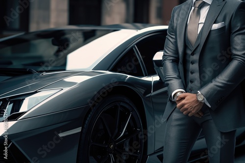 A closeup of a rich businessman standing in front of supercar © Tymofii