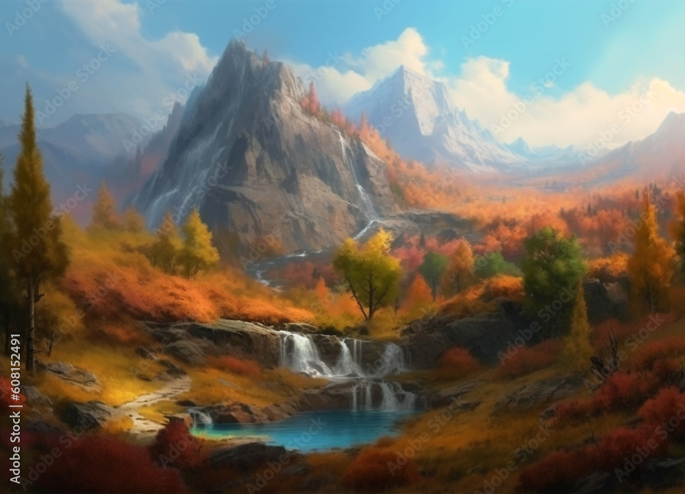 An enchanting autumn scene, where majestic mountains stands watch over a forest ablaze with leaves turning vibrant hues, painting a breathtaking canvas of fall colors.