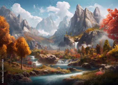 An enchanting autumn scene  where majestic mountains stands watch over a forest ablaze with leaves turning vibrant hues  painting a breathtaking canvas of fall colors.