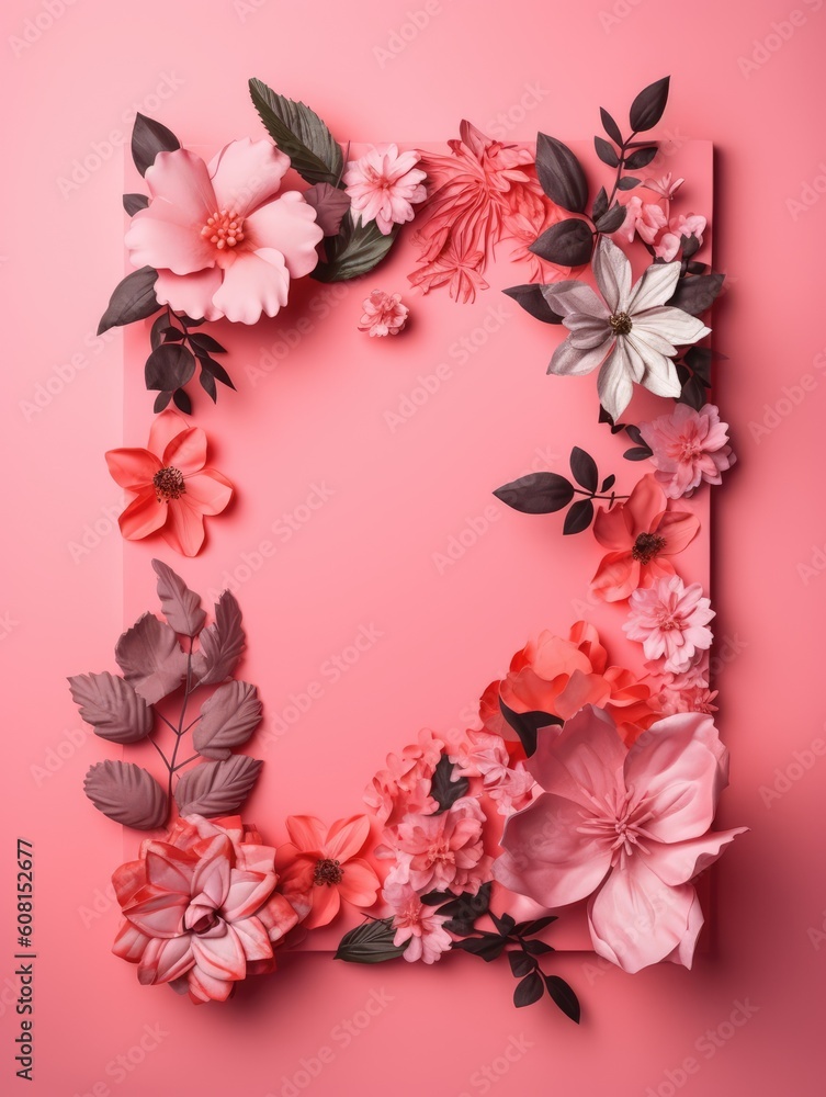 Pink background with flowers and leaves