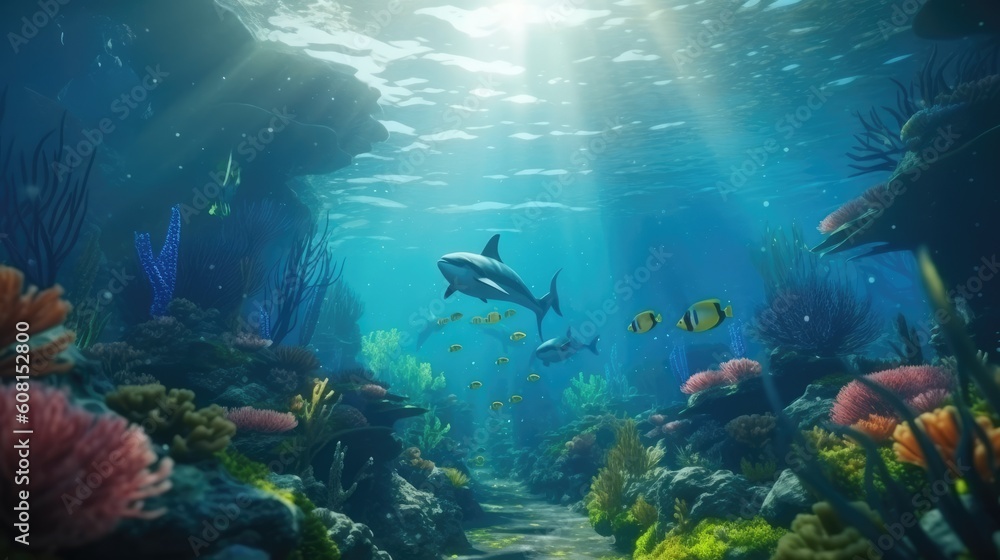 Fototapeta premium Underwater adventure with mermaids dolphins