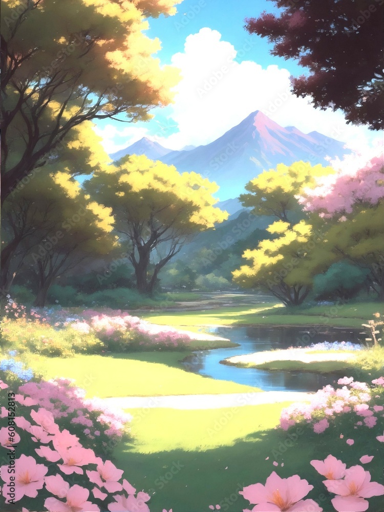 illustration of natural scenery in the forest with mountains background during the day, ai generate 
