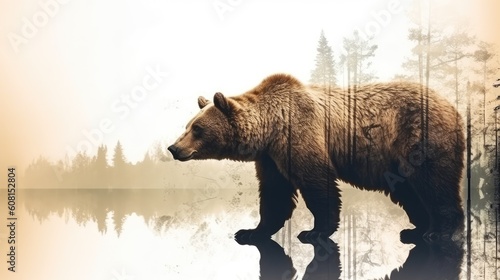 Wondrous brown grizzly bear in double exposure