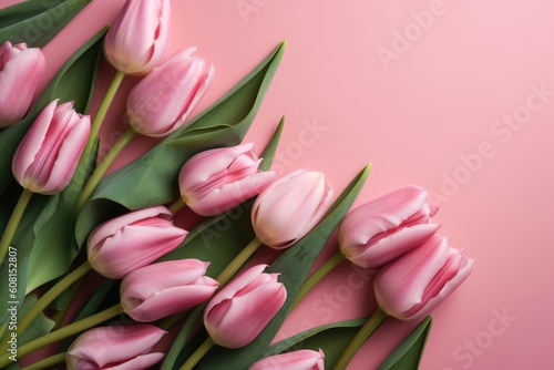 Tulips on pink background flat lay view