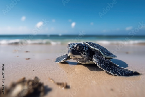 Newborn baby sea turtle or hatchling crawls along the sandy shore to the ocean. Generative AI.