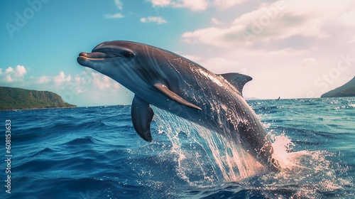 Playful dolphin jumping out of water made with Ai generative technology