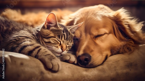 Fotografija A dog and a cat sleeping hugging each other made with Ai generative technology
