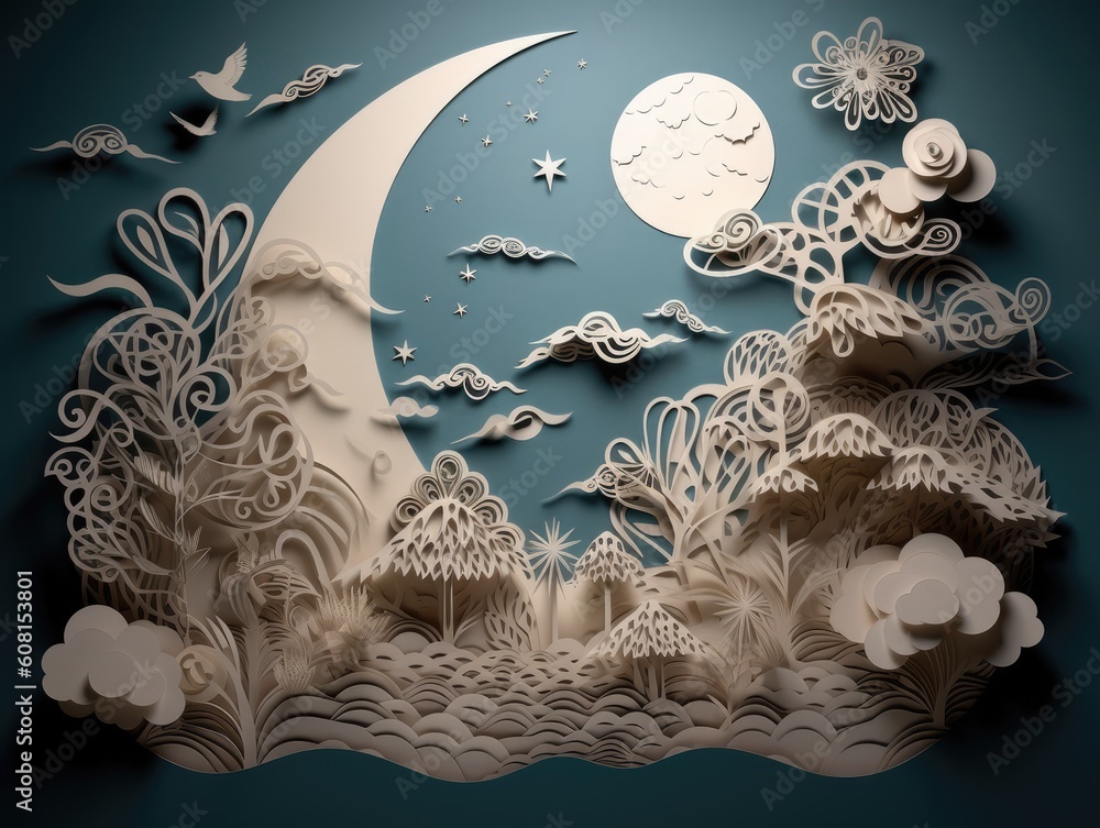 A paper cut art of clouds and moon
