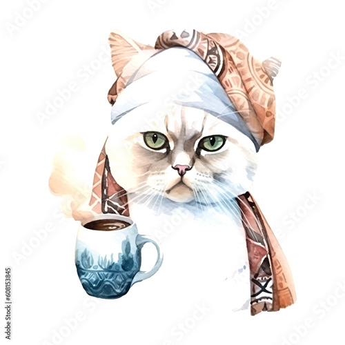 Turkish Cat with coffee cup. Muslim cat with turban. Watercolor Vector illustration for coffee houses. Isolated on white background. Can be used for menu, logo or flyer, greeting card, design t-shirt