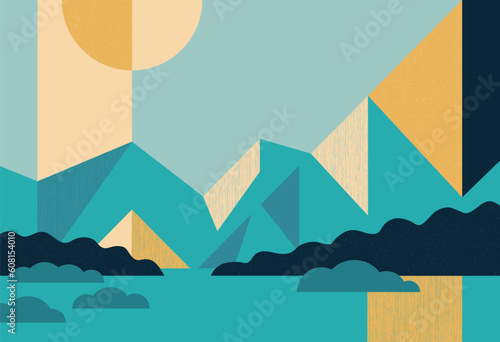 Geometric mountain valley surrounded by trees