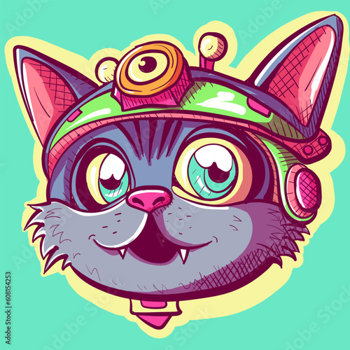 Digital art of a steampunk cat head with lenses and a cap. Smiling kitty vector wearing tech and robotic steam punk gadgets.