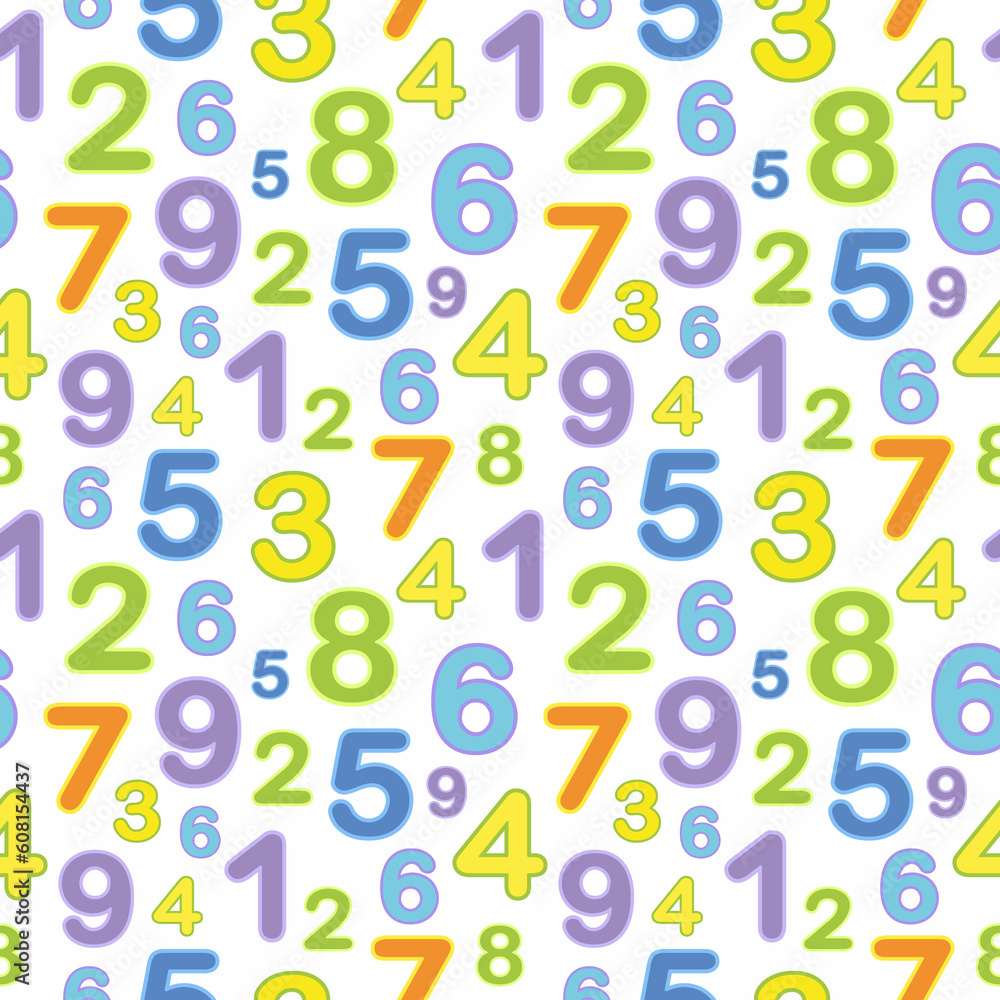 Pattern of numbers mixed on white background. Good for social media. Comics doodle style design elements, t-shirt print, poster, card, book cover. cartoon children figures.