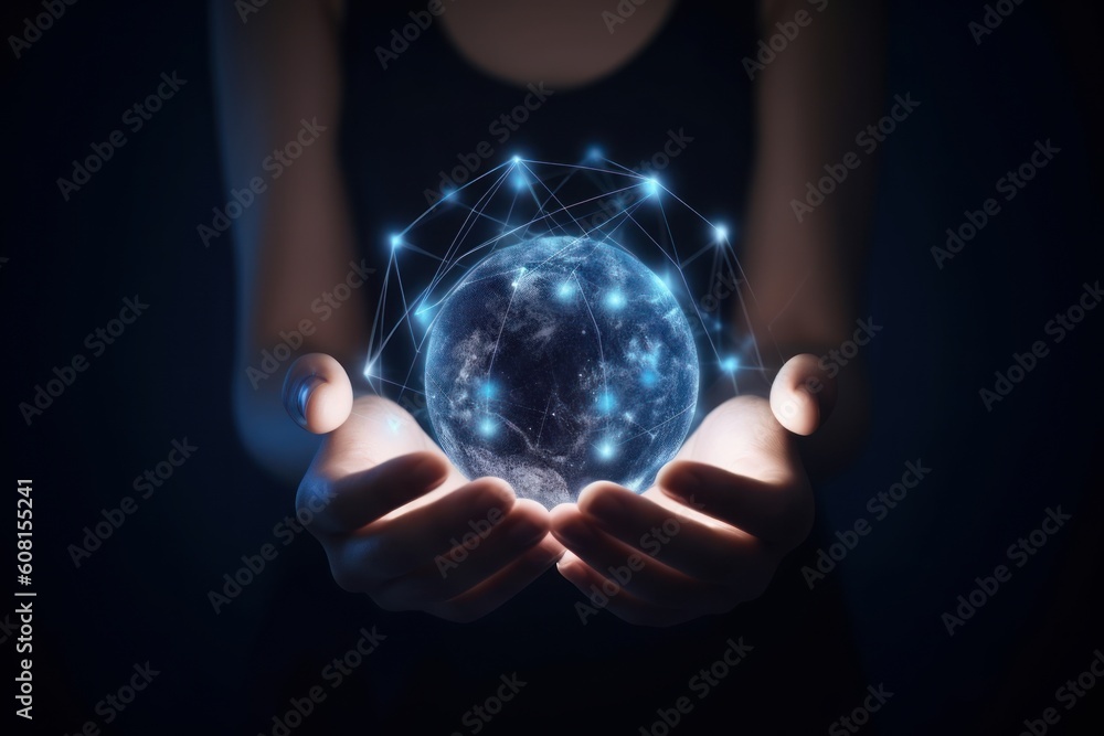 Abstract science circle global network connection in hands, Generative ai Abstract science circle global network connection in hands, Generative ai