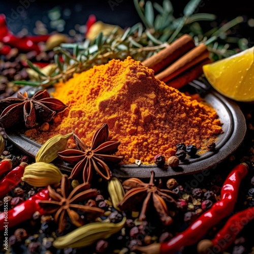 curry powder sprinkled over a vibrant array of spices and herbs