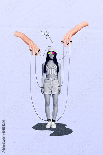 Psychedelic marionette collage of slave puppet funny woman depression falsification news zombie brainwash isolated on grey background photo