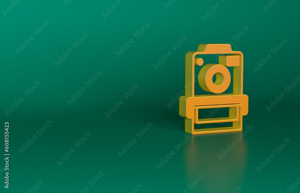 Orange Photo camera icon isolated on green background. Foto camera. Digital photography. Minimalism concept. 3D render illustration Orange Photo camera icon isolated on green background. Foto camera. Digital photography. Minimalism concept. 3D render illustration