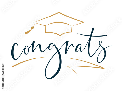 Congrats Greeting sign with academic cap. Congrats Graduates. Congratulating vector banner for graduation party, prom, congratulation ceremony, greeting card. University, school, academy grads symbol