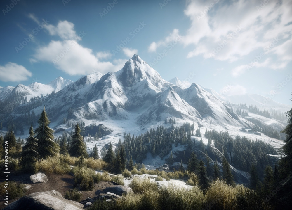 Obraz premium A pristine winter spectacle, featuring snow-capped mountains in their majestic grandeur, standing as silhouettes against the icy blue sky, embodying the silent serenity of the season