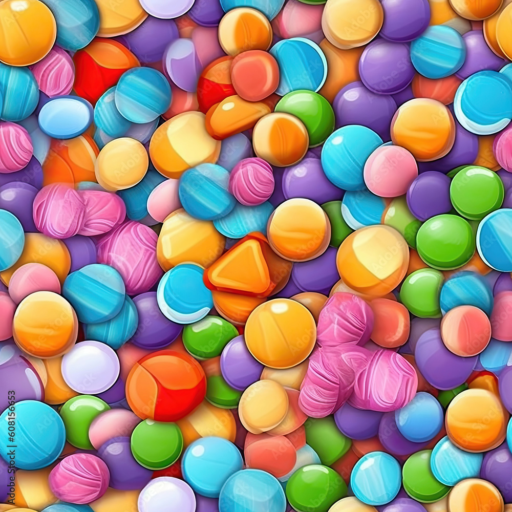 Fototapeta premium Colorful lollipops and multi-colored round candies. View from above.