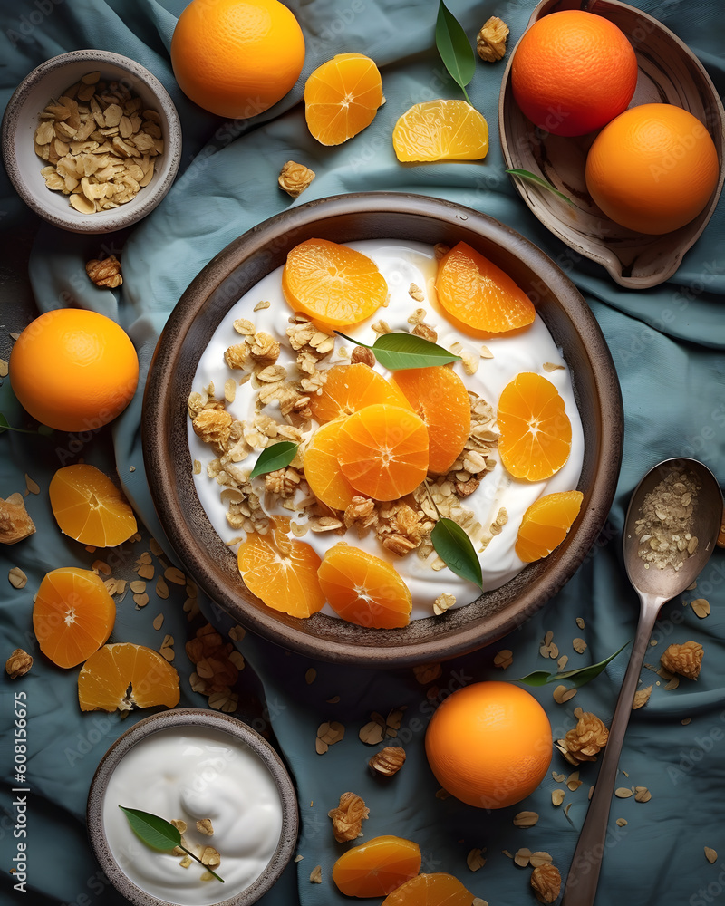 Top view Tasty granola with yogurt and tangerines Top view Tasty granola with yogurt and tangerines