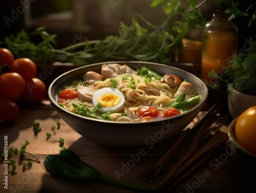egg noodles in a bowl of steaming chicken soup with various herbs and vegetables