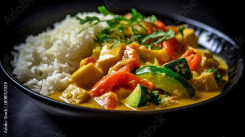 homemade coconut milk vegan curry dish with mixed vegetables and rice