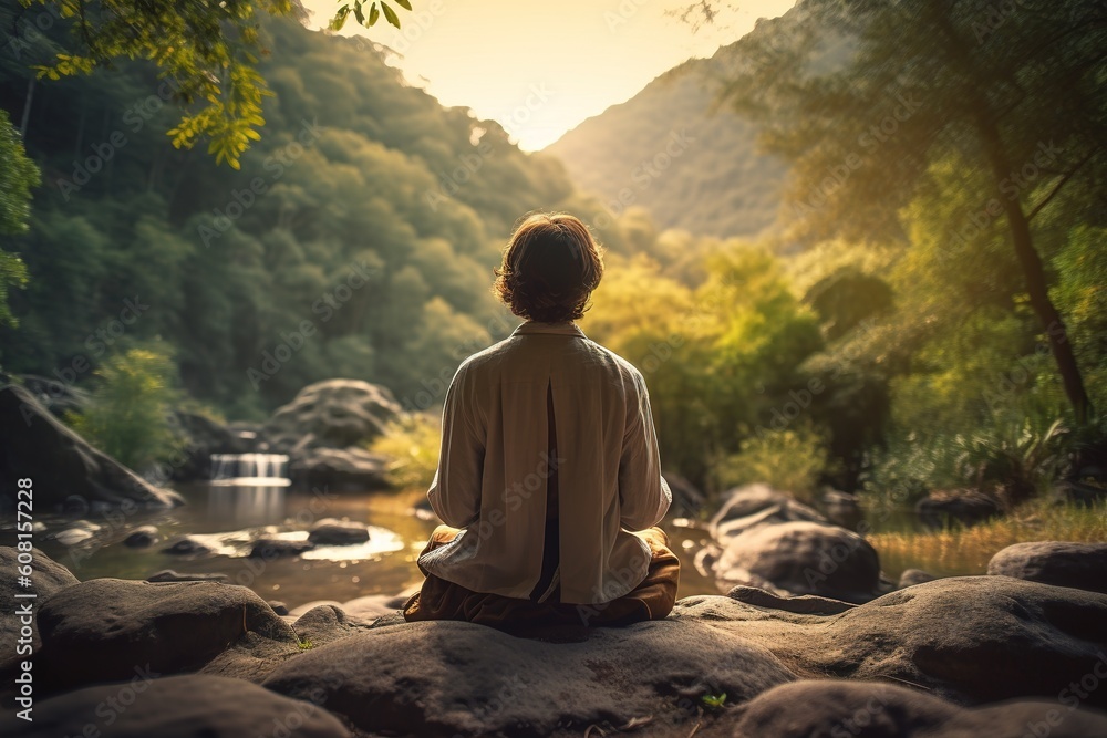 Person die am meditieren ist, wunderschöne Natur zum meditieren im Wald generative ai 