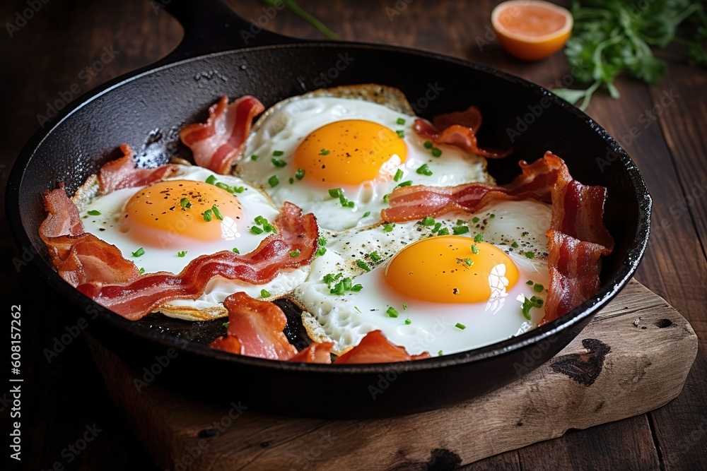 Fried egg in a pan with bacon, beautifully served and decorated generativ ai Fried egg in a pan with bacon, beautifully served and decorated generativ ai