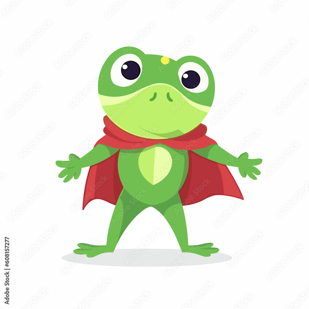 Obraz premium Cute little happy frog super hero, kids illustration, flat vector art