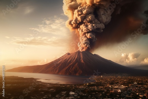 Vulkanausbruch mit Rauchwolke und Lava, Vulkan Landschaft generative ai