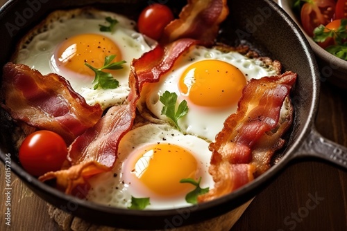 Fried egg in a pan with bacon, beautifully served and decorated generativ ai