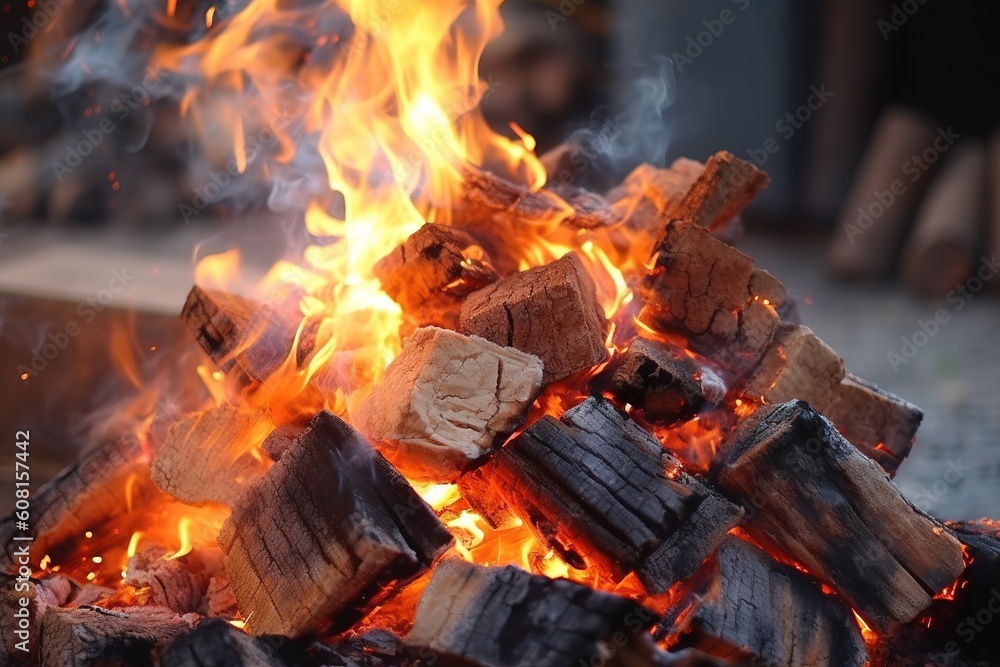 Fototapeta premium Lagerfeuer mit Holz und Kohle Nahaufnahme generative Ai