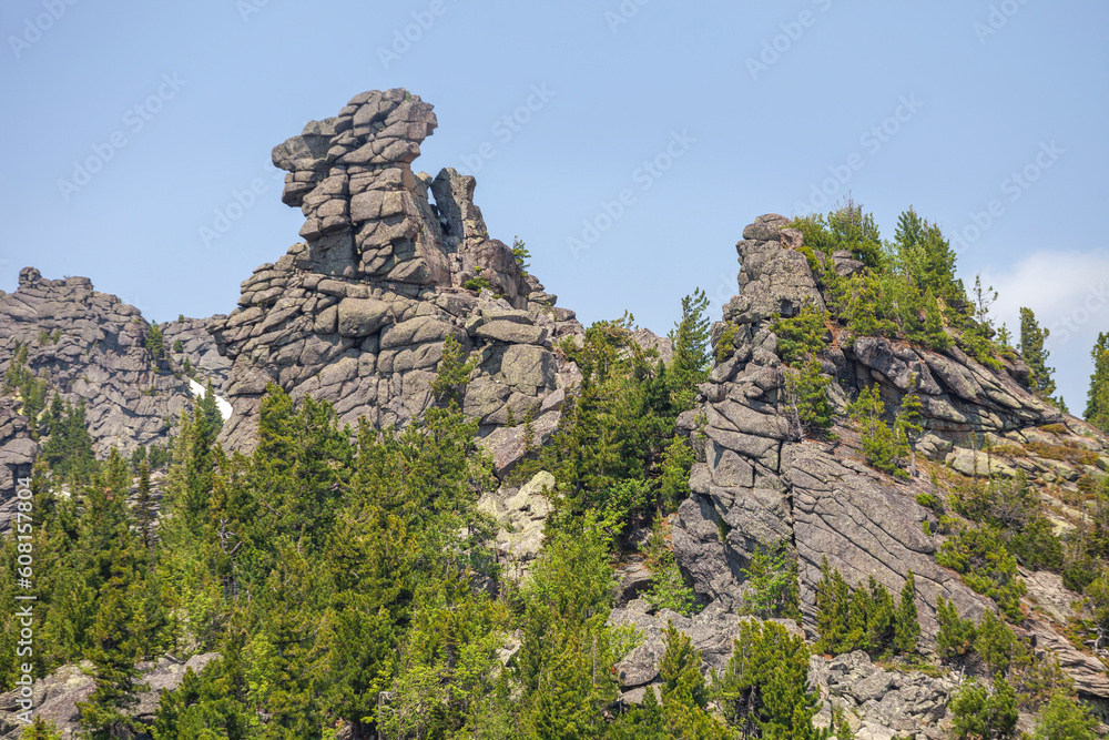 Remnants pillars on Mount Zelenaya. Sheregesh, Russia,