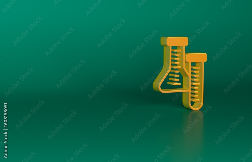 Orange Test tube and flask chemical laboratory test icon isolated on green background. Laboratory glassware sign. Minimalism concept. 3D render illustration Orange Test tube and flask chemical laboratory test icon isolated on green background. Laboratory glassware sign. Minimalism concept. 3D render illustration
