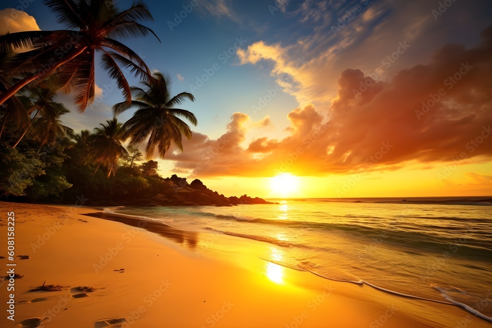 Beautiful sunset with tropical landscape, Generative AI