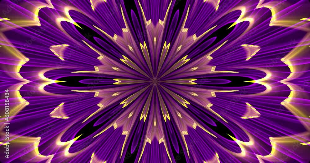 Rays of light in shades of purple and yellow constantly rotate, forming kaleidoscopic patterns. Animated background video. Club video. Meditation video. Closed endless loop. A loop. Rays of light in shades of purple and yellow constantly rotate, forming kaleidoscopic patterns. Animated background video. Club video. Meditation video. Closed endless loop. A loop.