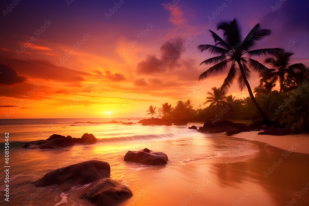Beautiful sunset with tropical landscape. Generative AI