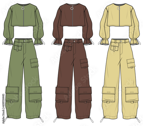 Women Cargo Pant and Top Suit, Bishop Long Sleeve Twill Crop Top with Cargo Pant Fashion Illustration, Vector, CAD, Technical Drawing, Flat Drawing, Template, Mockup.	