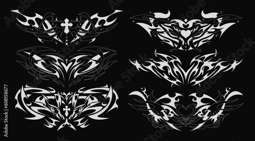 Succubus Y2K womb tattoo. Demon heart sigil with crosses in neo tribal style. Vector set of tattoos