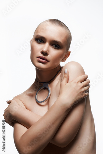 beautiful woman with short haircut. beauty naked bald Girl