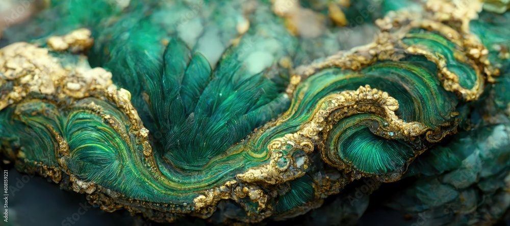 Abstract deep green jade with embedded gold rock specimen, cracked and fragmented shiny pearlescent texture and grooved wavy line eroded patterns - generative ai Abstract deep green jade with embedded gold rock specimen, cracked and fragmented shiny pearlescent texture and grooved wavy line eroded patterns - generative ai