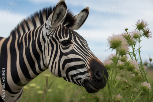 Generative AI. a zebra in a flower meadow