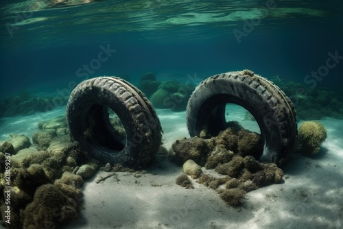 a pair of worn-out tires laying on the beach's sandy surface Generative AI