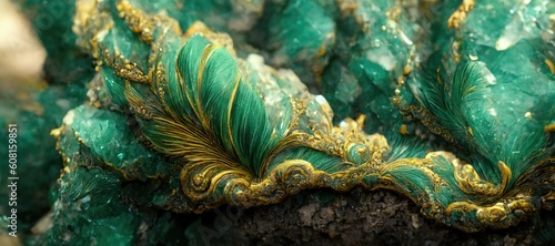 Abstract deep green jade with embedded gold rock specimen, cracked and fragmented shiny pearlescent texture and grooved wavy line eroded patterns - generative ai