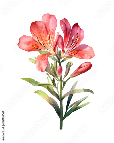 Watercolour Alstroemeria blooms isolated on white background