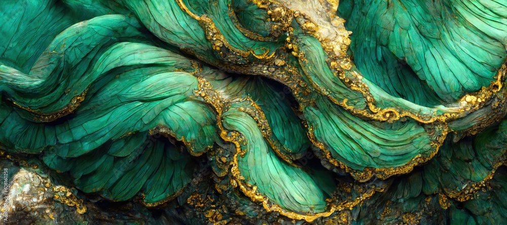 Obraz premium Abstract deep green jade with embedded gold rock specimen, cracked and fragmented shiny pearlescent texture and grooved wavy line eroded patterns - generative ai