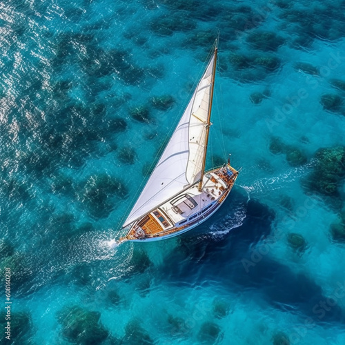 Aerial view Yacht in the ocean lagoon. Top view the water surface and Sailing boat. Generative AI © Kiyan