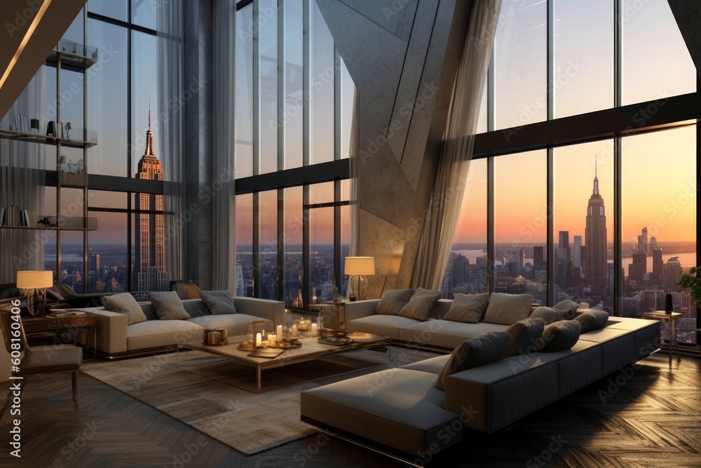 Interior design of living room in skyscraper. Generative AI