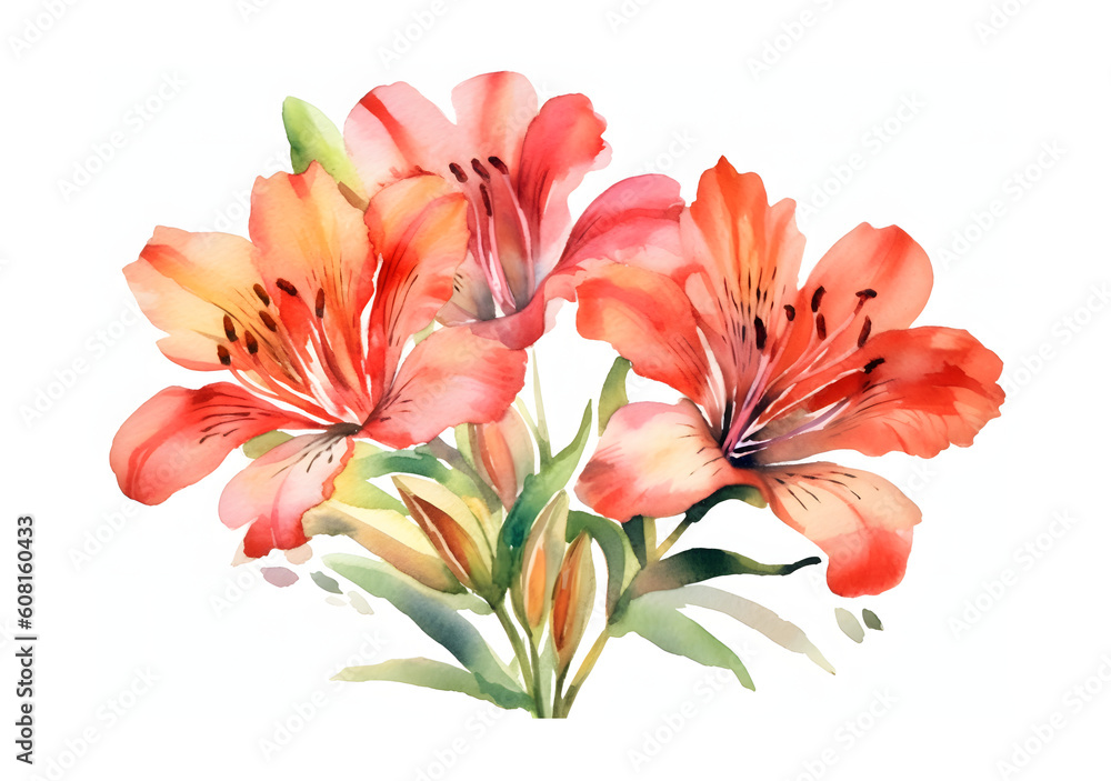 Fototapeta premium Watercolour Alstroemeria blooms isolated on white background